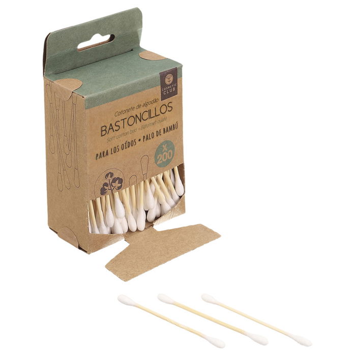Cosmetic Club Juego de 200 Bastoncillos Oído Bambú Ecológicos Dispensador Cartón 7.5cm