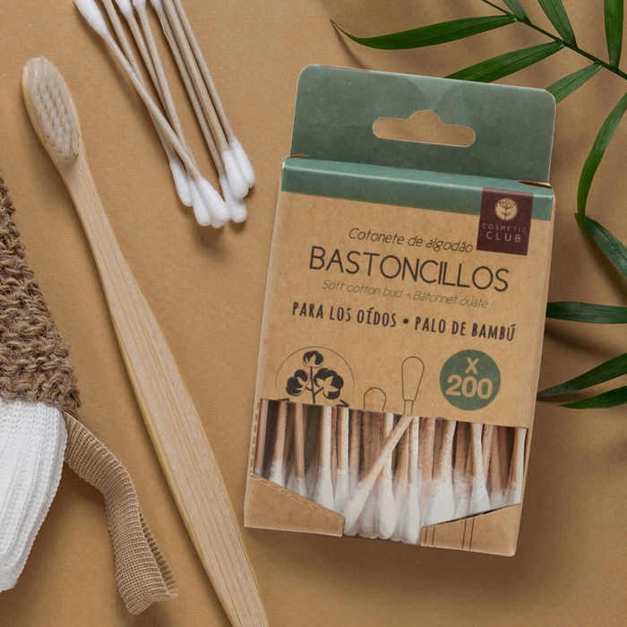 Cosmetic Club Juego de 200 Bastoncillos Oído Bambú Ecológicos Dispensador Cartón 7.5cm