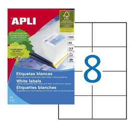 Apli Etiquetas Adhesivas Permanentes 105x74mm 80uds (10 Hojas Din A4) Blancas Cantos Rectos para Inkjet Laser Fotocopiadora
