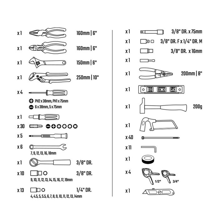 Workpro Juego de Herramientas 139 Piezas con Maletín: Alicates, Llaves, Destornilladores, Carraca 3/8, Vasos, Llaves Allen, Martillo