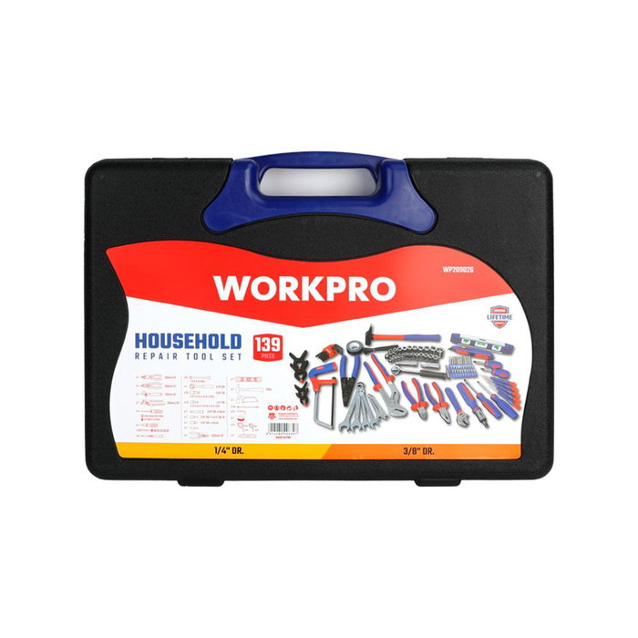 Workpro Juego de Herramientas 139 Piezas con Maletín: Alicates, Llaves, Destornilladores, Carraca 3/8, Vasos, Llaves Allen, Martillo