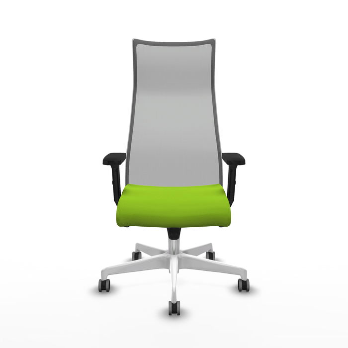 Sillón Albacete con mecanismo Sincro tapizada con Similpiel color Pistacho y malla color Gris. Equipado con Base poliamida blanca, Brazos 2D y Ruedas 65 mm parqué