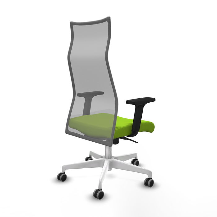 Sillón Albacete con mecanismo Sincro tapizada con Similpiel color Pistacho y malla color Gris. Equipado con Base poliamida blanca, Brazos 2D y Ruedas 65 mm parqué
