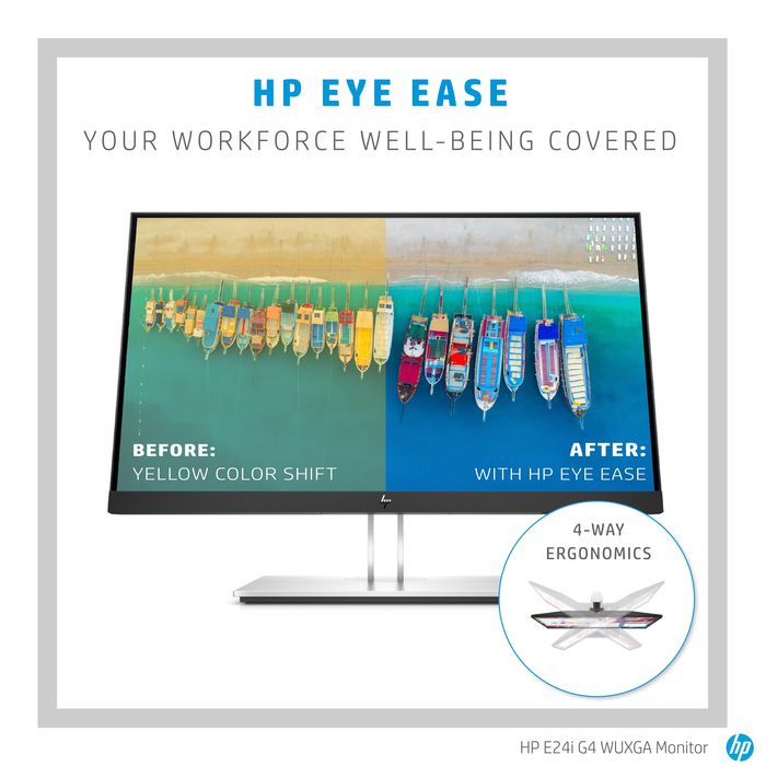 HP E24i G4 Monitor LED IPS 24 pulgadas (61 cm) WUXGA 1920 x 1200 16:10, 250 cd/m2, 5 ms, 178 grados, HP Eye Ease, Azul claro reducido, Ajustable HP E24i G4 Monitor LED IPS 24 pulgadas (61 cm) WUXGA 1920 x 1200 16:10, 250 cd/m2, 5 ms, 178 grados, HP Eye Ease, Azul claro reducido, Ajustable