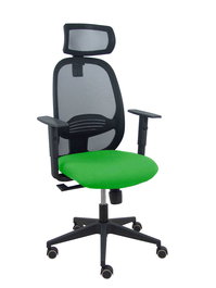 Silla de oficina Cilanco con mecanismo Sincro tapizada con Tela color Verde y malla color Negro. Equipada con lumbar 1D, Brazos 1D, Cabecero 2D y Ruedas de parqué