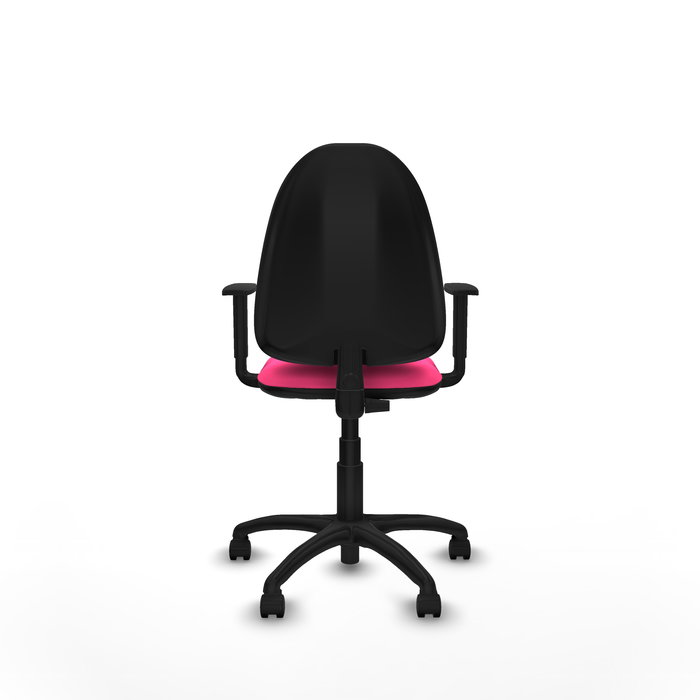 Silla de oficina Aýna con mecanismo Contacto permanente básico tapizada con Similpiel color Rosa. Equipada con Base poliamida negra, Brazos 1D y Ruedas de nailon 50 mm