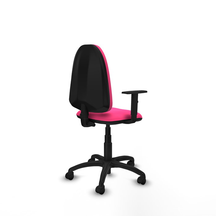 Silla de oficina Aýna con mecanismo Contacto permanente básico tapizada con Similpiel color Rosa. Equipada con Base poliamida negra, Brazos 1D y Ruedas de nailon 50 mm