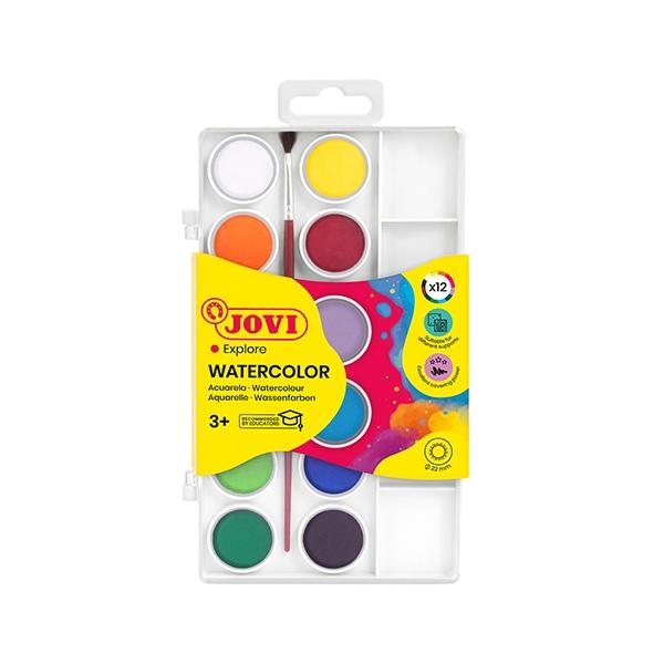 Jovi Acuarelas en Pastillas de 22 mm con Pincel, 12 Colores Surtidos