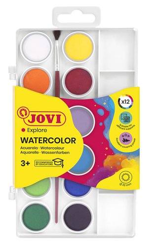 Jovi Acuarelas en Pastillas de 22 mm con Pincel, 12 Colores Surtidos