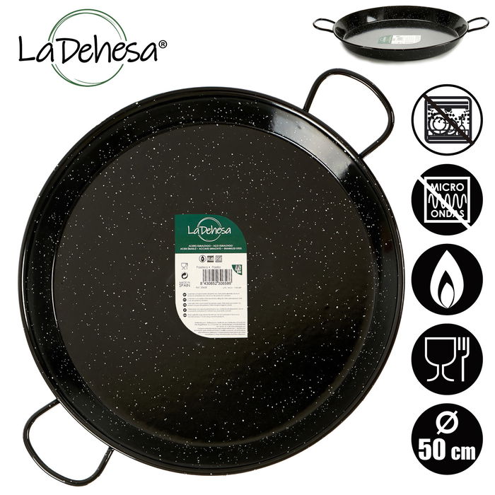 La Dehesa Paellera Esmaltada 50 cm Negra 13 Raciones con 2 Asas, Apta para Gas y Horno (Set de 4)