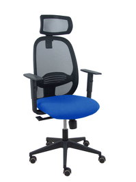 Silla de oficina Cilanco con mecanismo Sincro tapizada con Tela color Azul y malla color Negro. Equipada con lumbar 1D, Brazos 1D, Cabecero 2D y Ruedas de parqué