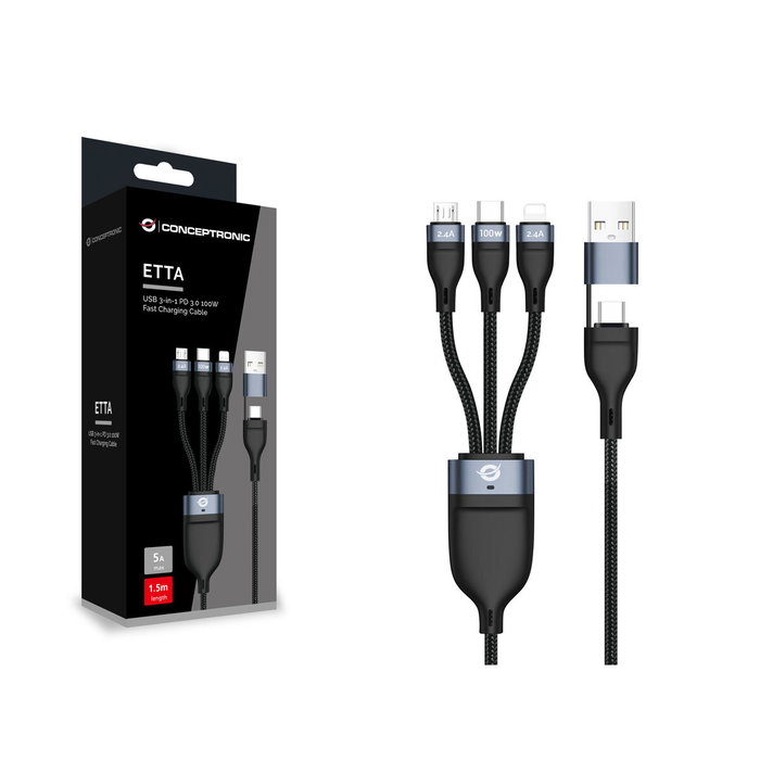 Conceptronic ETTA06B15 Cable USB 3 en 1, 1,5 m, PD 3.0 100W, Negro Conceptronic ETTA06B15 Cable USB 3 en 1, 1,5 m, PD 3.0 100W, Negro