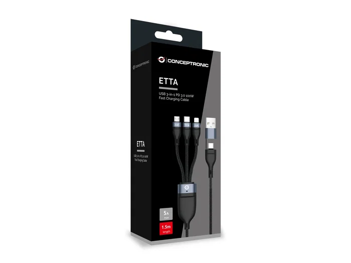 Conceptronic ETTA06B15 Cable USB 3 en 1 PD 100W 1,5 m Negro Conceptronic ETTA06B15 Cable USB 3 en 1 PD 100W 1,5 m Negro
