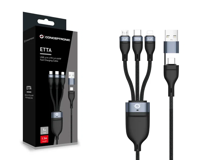 Conceptronic ETTA06B15 Cable USB 3 en 1 con USB Power Delivery 3.0 (100W, 20V/5A) para Carga y Datos (USB C a C/Micro-USB/Lightning) 1.5 m, Negro