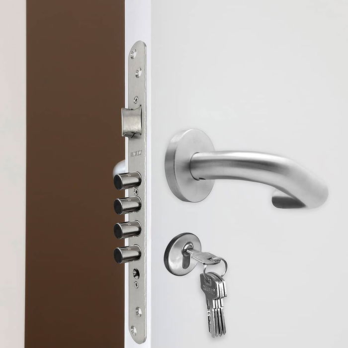 Micel Cerradura de Embutir Cre07 para Cilindro Europeo, Entrada 50 mm, Entre Ejes 85 mm, 4 Bulones, Resbalón Reversible, Níquel Satinado