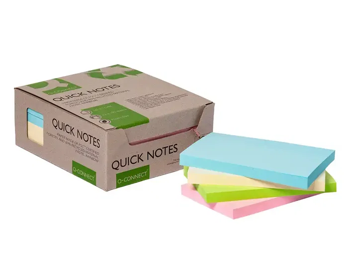 Q-connect Bloc de notas adhesivas 76x127 mm, 100 hojas, 100% papel reciclado, colores pasteles, caja de cartón