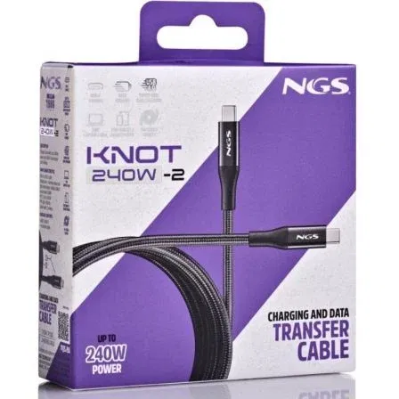 NGS KNOT 240W-2 Cable USB 4.0 Tipo-C Macho a USB Tipo-C Macho, Carga Rápida Hasta 240W, Transferencia 40Gbps, 2 Metros, Negro NGS KNOT 240W-2 Cable USB 4.0 Tipo-C Macho a USB Tipo-C Macho, Carga Rápida Hasta 240W, Transferencia 40Gbps, 2 Metros, Negro