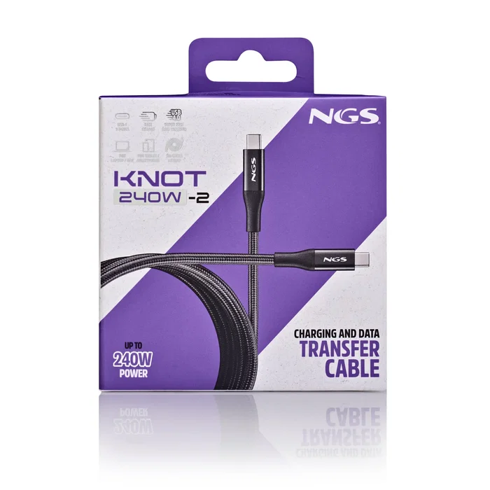 NGS KNOT Cable USB-C a USB-C 2m, USB 4.0, Carga Rápida 240W, Transferencia Datos 40Gbps, Negro