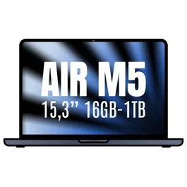 Apple MacBook Air 15.3" con chip M5, CPU de 10 núcleos, 16GB RAM, SSD de 1TB, GPU de 10 núcleos, Color Medianoche - MDVK4Y/A