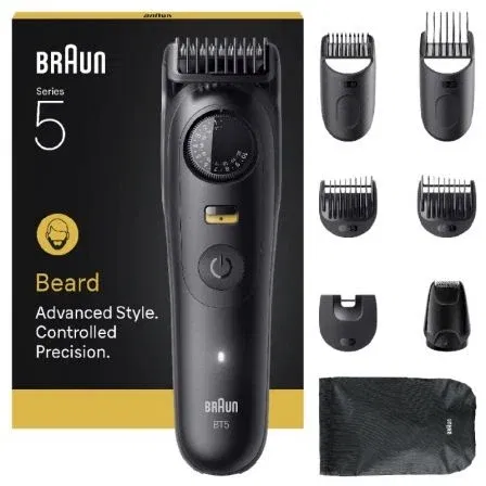 Braun BT5560 Recortadora de Barba/Patillas Serie 5, 40 Longitudes Ajustables, 8 Accesorios Incluidos, Corte Ultra Afilado, Resistente al Agua, Batería 120 Min