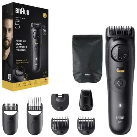 Braun BT5560 Recortadora de Barba/Patillas Serie 5, 40 Longitudes Ajustables, 8 Accesorios Incluidos, Corte Ultra Afilado, Resistente al Agua, Batería 120 Min