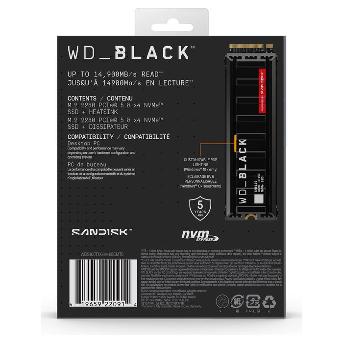 WD_BLACK SN8100 1TB NVMe SSD M.2 2280 PCIe 5.0 x4, hasta 14900 MB/s, 2400 TBW, TLC 3D NAND, encriptación hardware