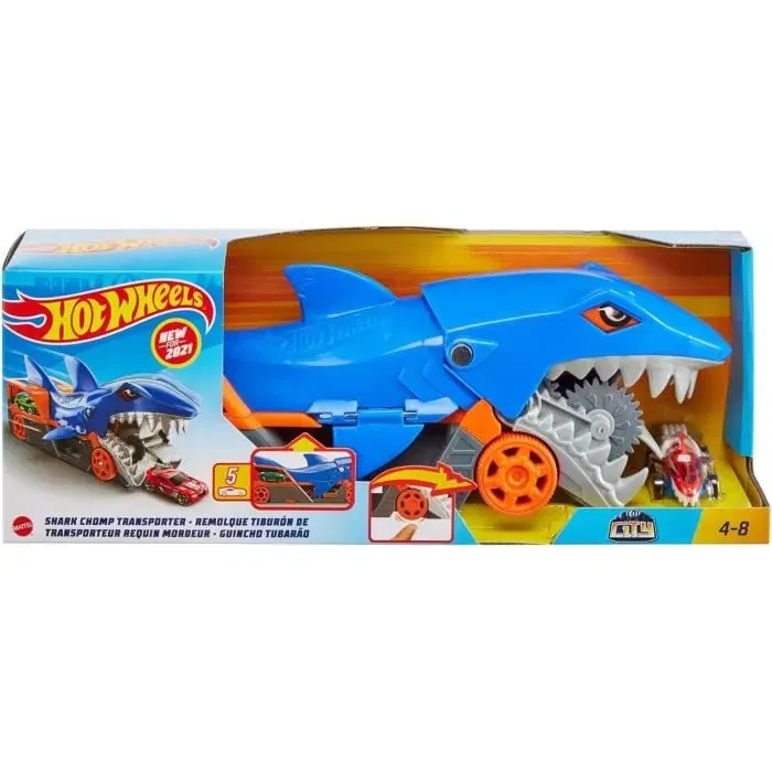 Hot Wheels Transporter Shark Pista Coche Pequeño, Color Azul, Hot Wheels City, Juguete para Edad 4 Años, MATGVG36