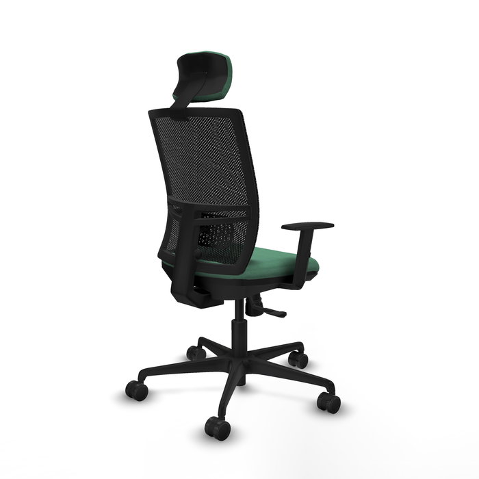 Silla de oficina Yunquera con mecanismo Sincro tapizada con Tela color Verde esmeralda y malla color Negro. Equipada con lumbar 1D, Brazos 1D, Cabecero 1D y Ruedas 65mm nailon