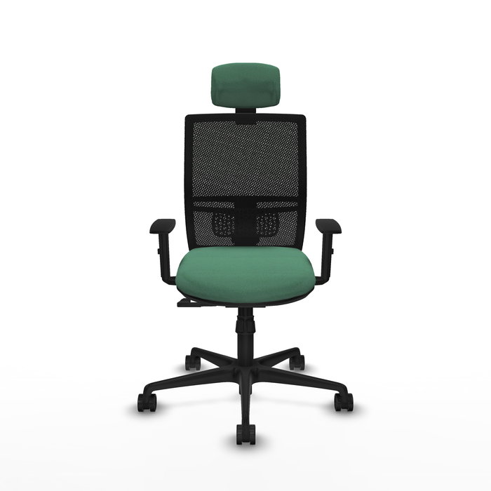 Silla de oficina Yunquera con mecanismo Sincro tapizada con Tela color Verde esmeralda y malla color Negro. Equipada con lumbar 1D, Brazos 1D, Cabecero 1D y Ruedas 65mm nailon