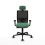Silla de oficina Yunquera con mecanismo Sincro tapizada con Tela color Verde esmeralda y malla color Negro. Equipada con lumbar 1D, Brazos 1D, Cabecero 1D y Ruedas 65mm nailon