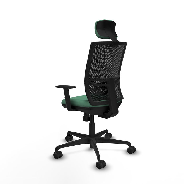 Silla de oficina Yunquera con mecanismo Sincro tapizada con Tela color Verde esmeralda y malla color Negro. Equipada con lumbar 1D, Brazos 1D, Cabecero 1D y Ruedas 65mm nailon