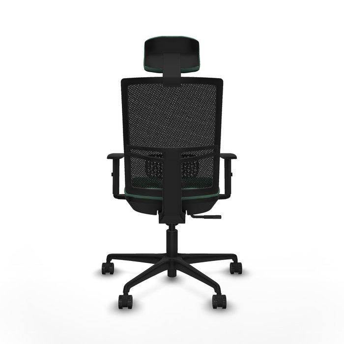 Silla de oficina Yunquera con mecanismo Sincro tapizada con Tela color Verde esmeralda y malla color Negro. Equipada con lumbar 1D, Brazos 1D, Cabecero 1D y Ruedas 65mm nailon
