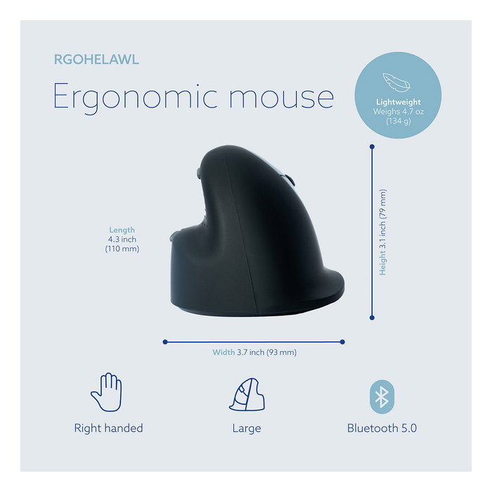 R-GO Ratón Ergonómico Inalámbrico HE Break Grande para Diestros, 2400 DPI, 5 Botones, Vertical, Bluetooth 5.0, Negro - R-Go Tools