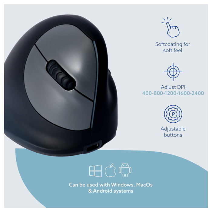 R-GO Ratón Ergonómico Inalámbrico HE Break Grande para Diestros, 2400 DPI, 5 Botones, Vertical, Bluetooth 5.0, Negro - R-Go Tools