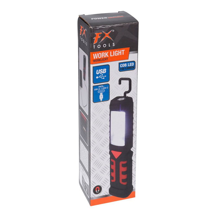 Fx Tools Linterna de Trabajo Recargable LED COB 150 Lumen con Powerbank, Gancho, Clip e Imán, Negra, 50x35x215 mm