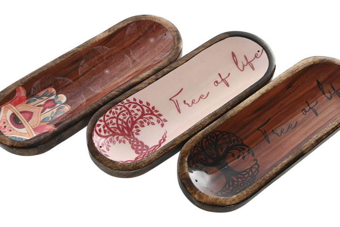 DKD Home Decor Bandeja Vaciabolsillos Indio Mango Multicolor 10 x 3 x 28.5 cm (6 Unidades) Árbol de la vida Hamsa Soporte incienso