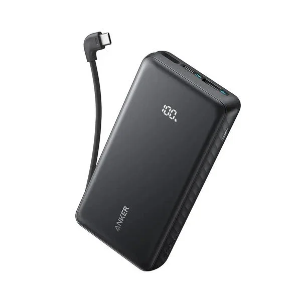Anker Power Bank 20000mAh 22.5W con cable USB-C integrado, Negro, Batería externa portátil de alta velocidad