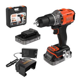 Black+Decker KIT Taladro Percutor 18V con 2 Baterías 2Ah de Litio, Cargador Rápido, Maletín, 45Nm, 0-1550 RPM, Garantía 5 Años
