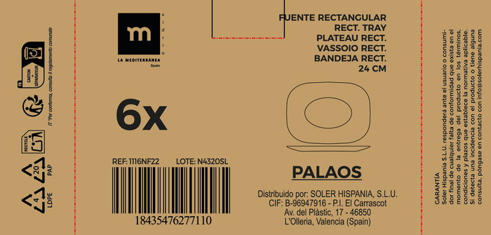 La Mediterranea Bandeja Rectangular Opal 24 cm Colección Palaos - 16.2 x 23.1 x 1.8 cm (36 Unidades)