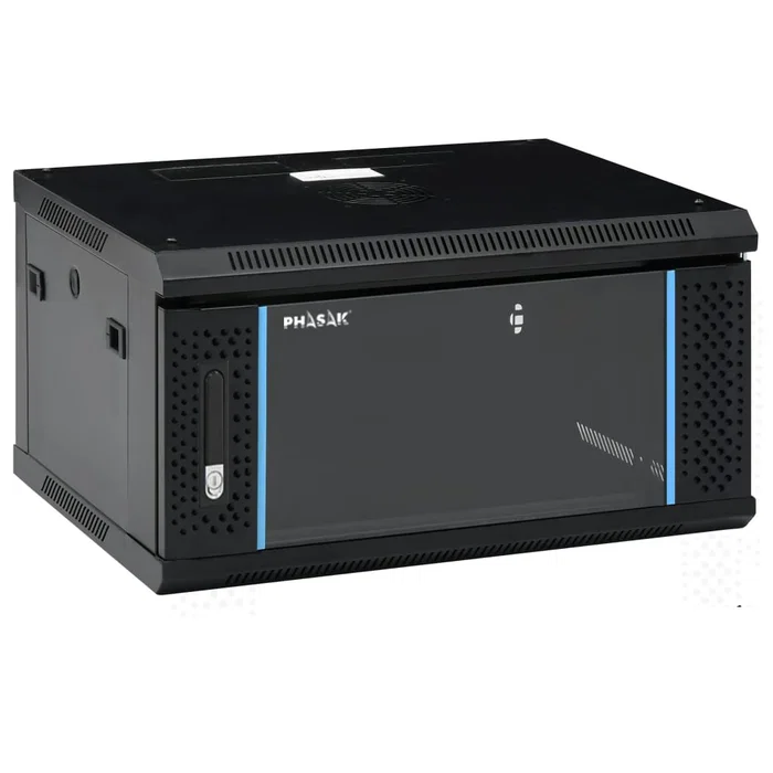 Phasak PHO 2106 Armario Rack de Pared Pro 6U - 600x450mm Negro con Ventilación, Iluminación y Cerradura para Equipos TI 19"