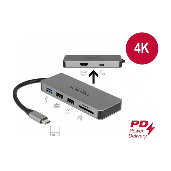 DeLOCK Docking Station USB-C 87743 87W PD 2.0, 4K HDMI, Hub 6 Puertos (USB-A/USB-C/SD/MicroSD), Lectora Tarjetas, Gris Metal, Plug & Play