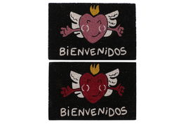 DKD Home Decor Felpudo Negro Rojo Fibra Coco y Goma Corazón 40x60x1.5 cm (2 Unidades)