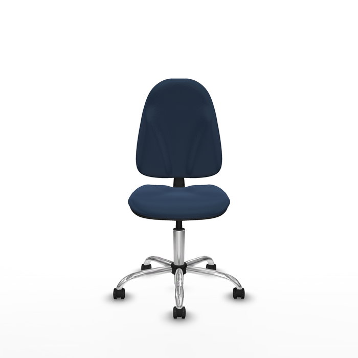 Silla de oficina Algarra con mecanismo Contacto permanente básico tapizada con Similpiel color Azul marino. Equipada con Base cromada, Sin brazos y Ruedas de parqué