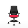 Silla de oficina Mardos con mecanismo Sincro tapizada con Tela color Rojo y malla color Negro. Equipada con lumbar 1D, Brazos 1D y Ruedas 65mm nailon