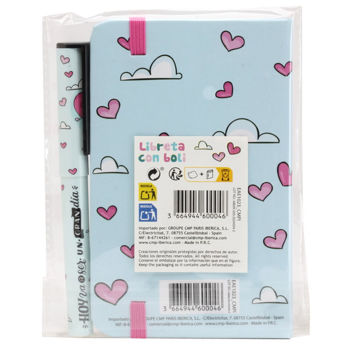 CMP General Libreta Corazón con Bolígrafo, Tapas Duras, 80 Hojas, 160 Páginas Blancas, Marcador, Goma Sujeción, 14x9 cm