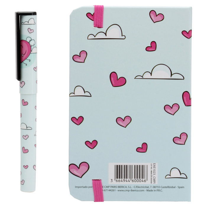 CMP General Libreta Corazón con Bolígrafo, Tapas Duras, 80 Hojas, 160 Páginas Blancas, Marcador, Goma Sujeción, 14x9 cm