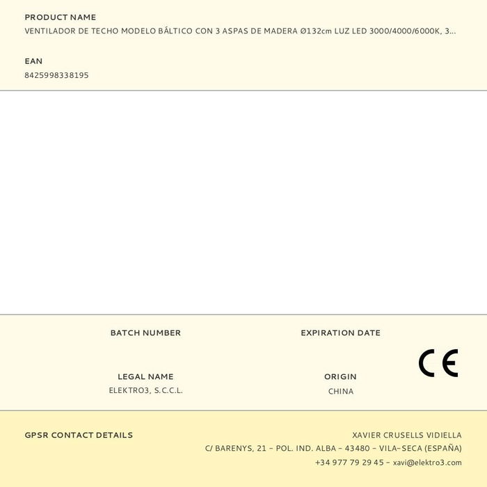 Edm Ventilador de Techo Báltico 3 Aspas Madera Ø132cm Luz LED 3000/4000/6000K 3CCT 20W Blanco