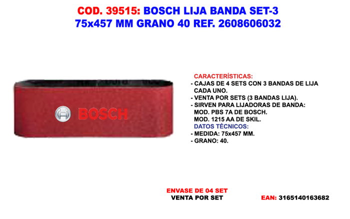 BOSCH Set de 3 Lijas de Banda 75x457 mm BOSCH Set de 3 Lijas de Banda 75x457 mm