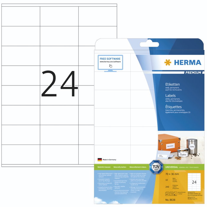 Herma Etiquetas 70x36 blanco mate 10 hojas DIN A4 240 uds 8638
