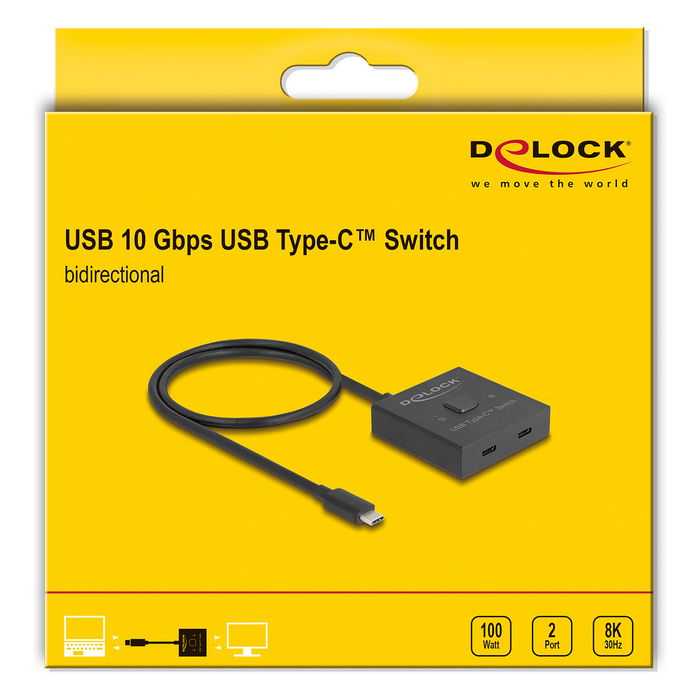 DeLOCK Switch USB Type-C 2 en 1 Bidireccional, 10 Gbps USB 3.2 Gen 2, Resolución 8K 4320p, 144 Hz, Power Delivery 100W, Cable 0.5m Incluido, Negro